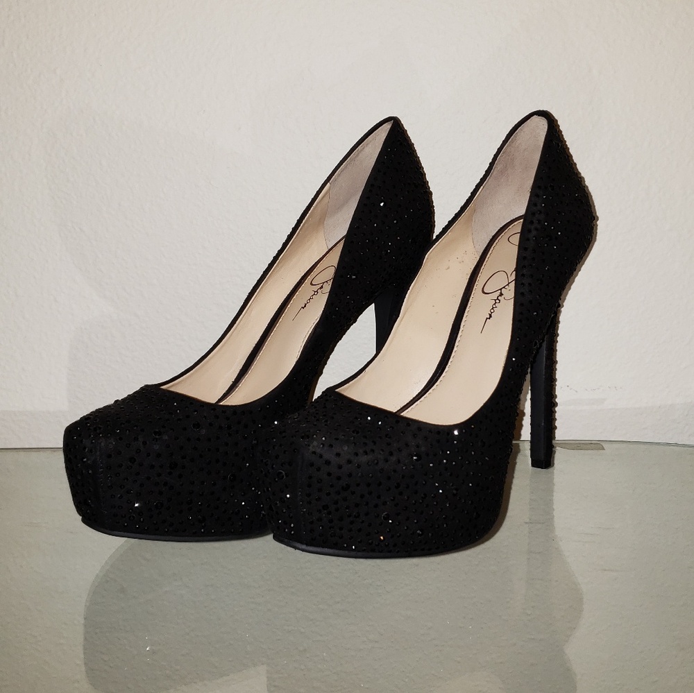 Black stone embellished pump stiletto heels